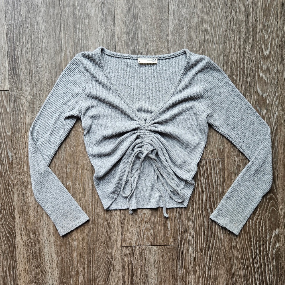 Forever Rose Grey Ribbed Ruched Cinched Drawstring V Neck Long Sleeve Top M